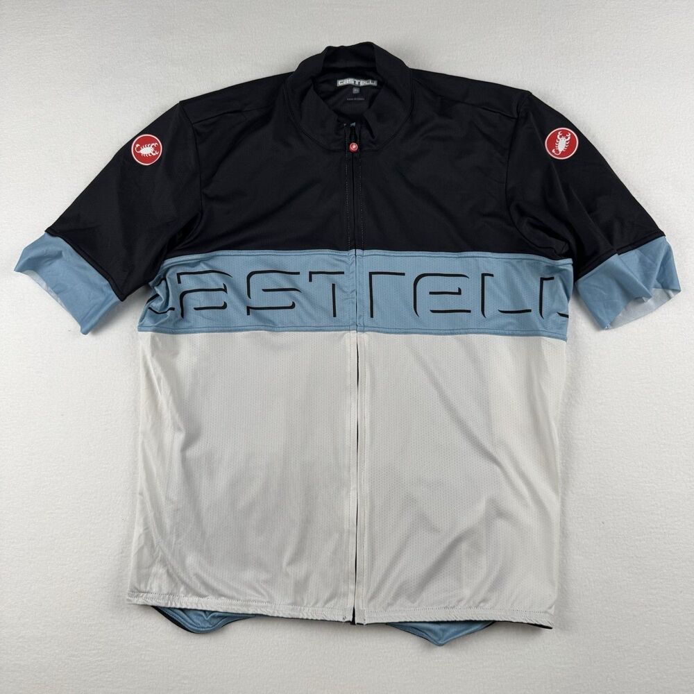 Castelli Men's Prologo Cycling Bike Jersey Full Zip Short Sleeve Blue White XL